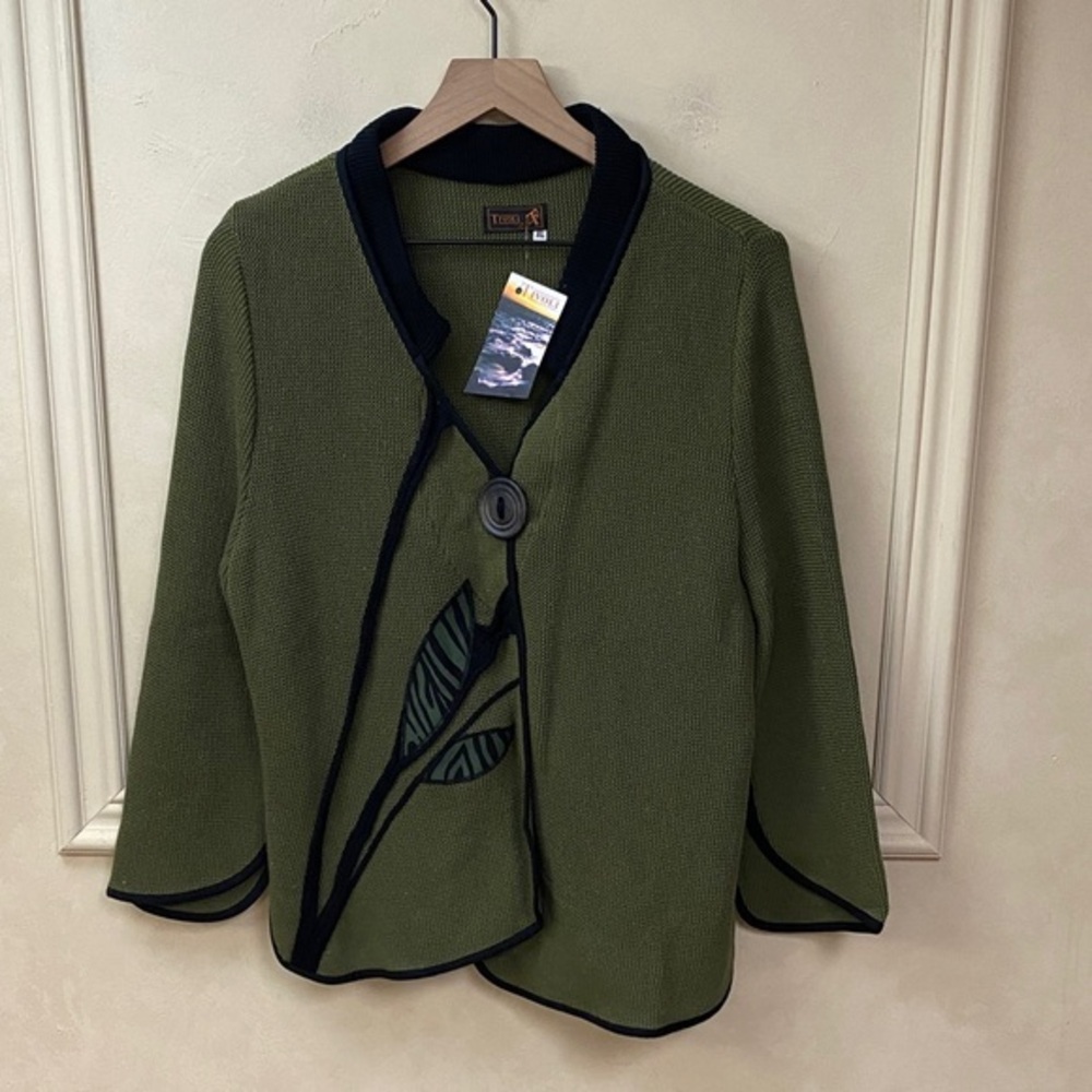 Tivoli of Ireland Asymmetrical Cardigan Women's XL Beige Leaf Pattern Lagenlook